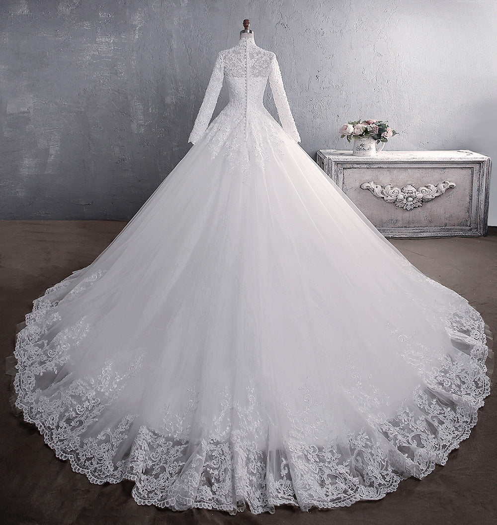 Bridal Stand-up Collar Long-sleeved Large Tail dress for women