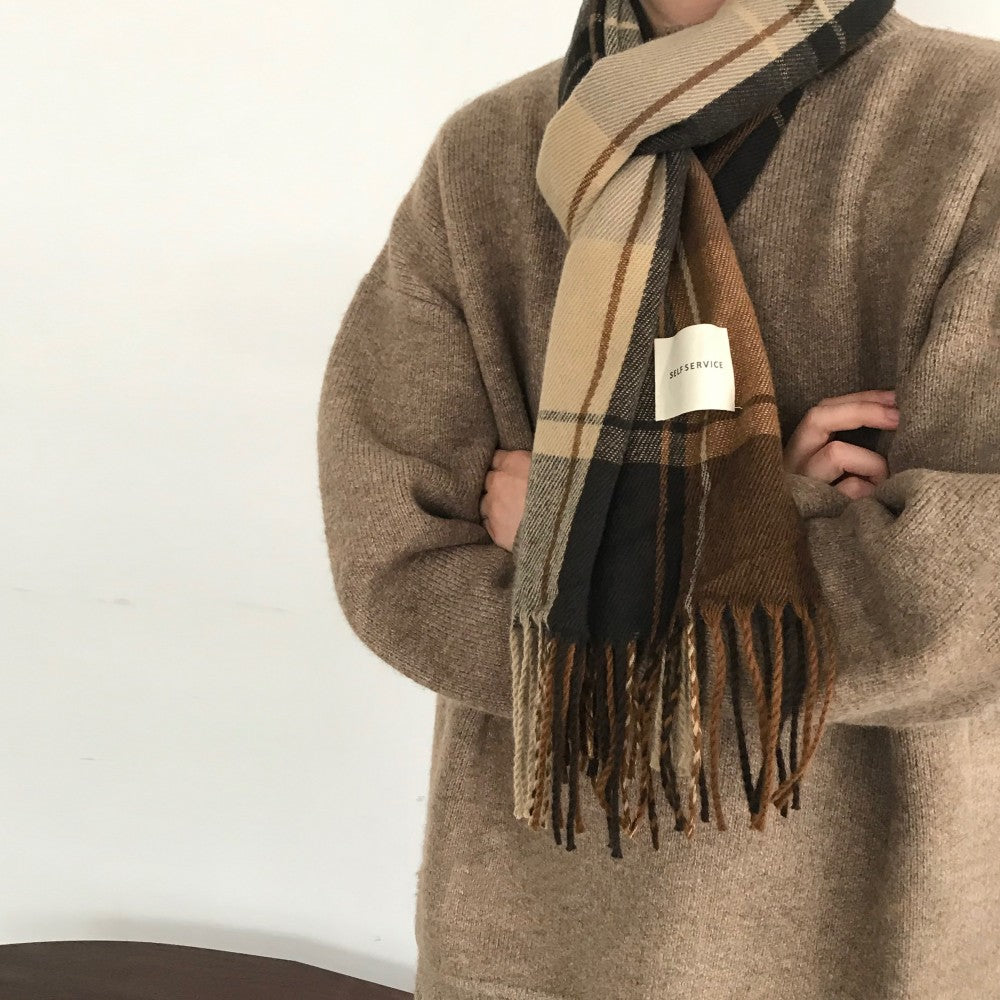 Winter Japanese-style Retro Plaid Brushed All-match Scarf for women