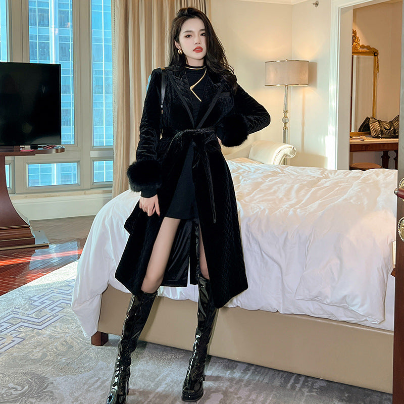 Black Mid-length Coat Velvet foe women