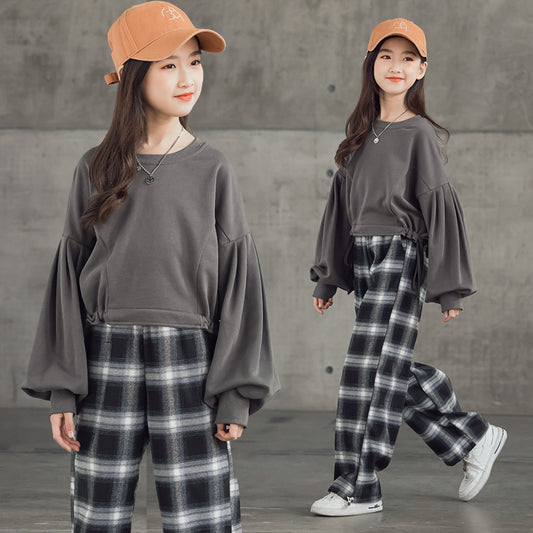 Western Style Korean Trendy Plaid Trousers for big girls