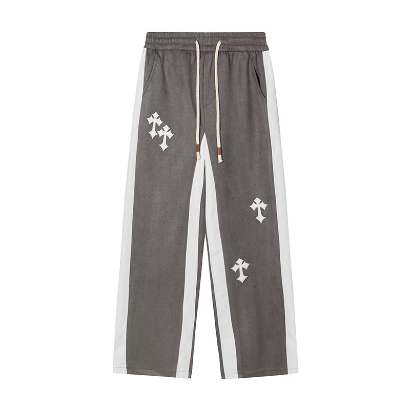 American Retro Cross Embroidery Suede Casual Trousers For Men