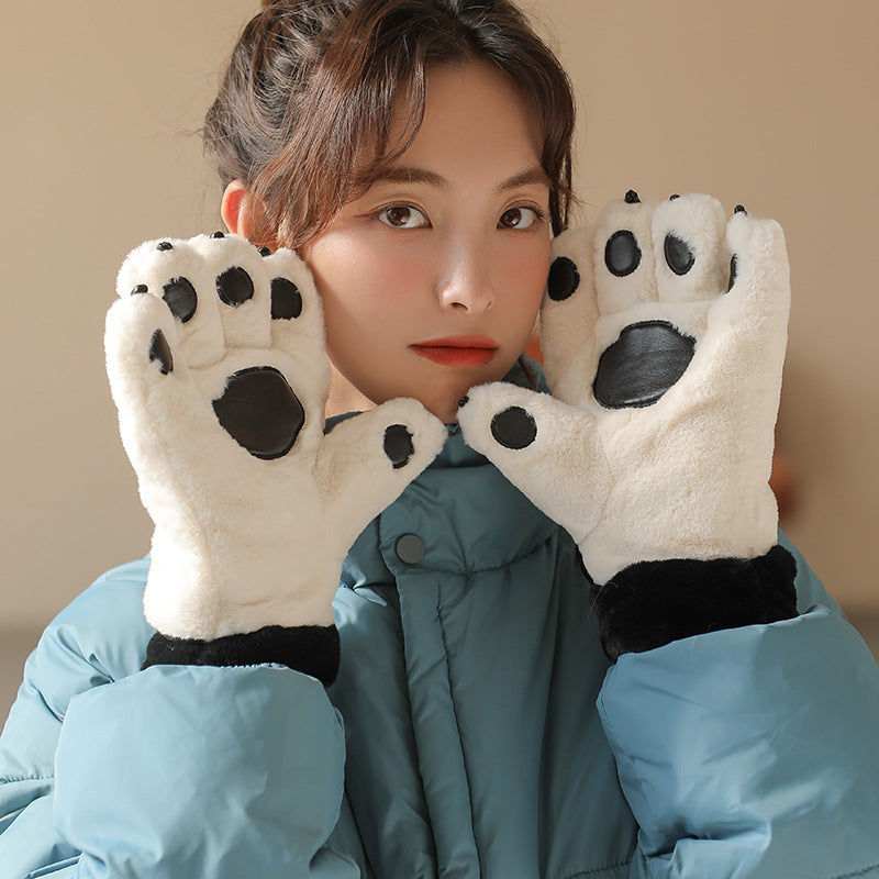 Cute Cartoon Bear Claw Plush Gloves Female Winter Warm Fleece-lined  for women