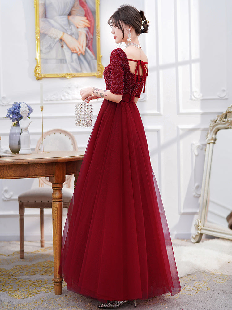 Wine Red Engagement Back Door Evening Dress for Female