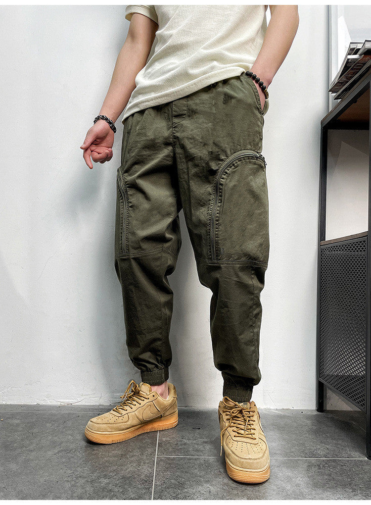 Elastic Waist Zipper Big Pockets Drawstring Sports Cargo Pant For Men