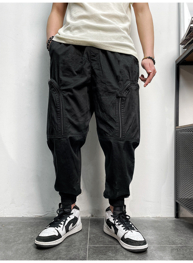 Elastic Waist Zipper Big Pockets Drawstring Sports Cargo Pant For Men