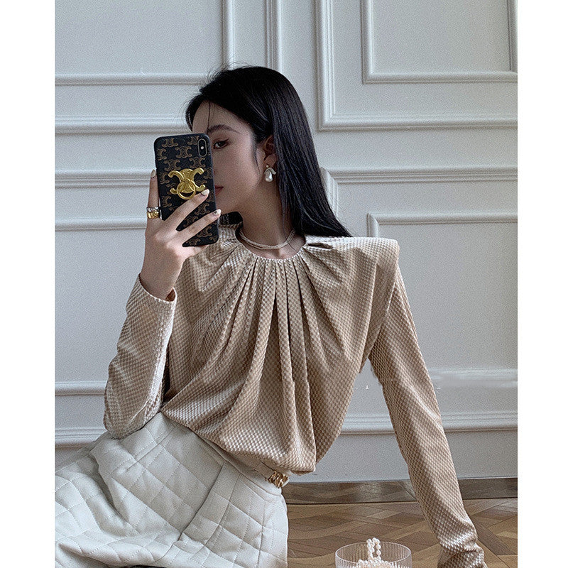 Temperament Velvet Shoulder Pullover Blouse For Women