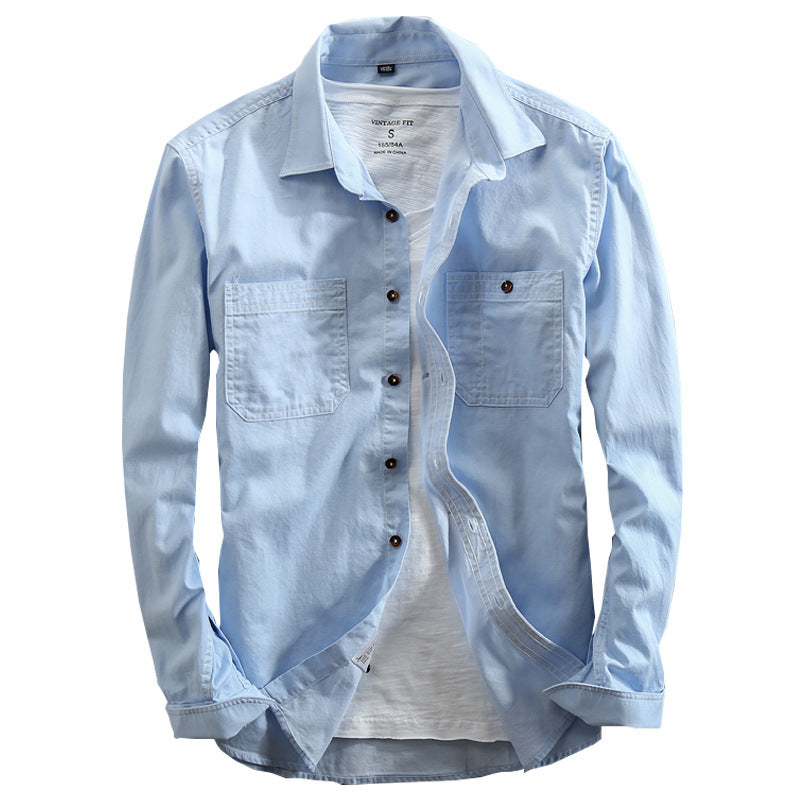 Man's Cotton Shirt Casual Loose Denim Lapel Shirt