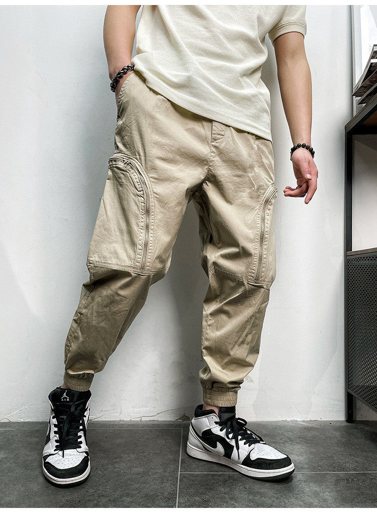 Elastic Waist Zipper Big Pockets Drawstring Sports Cargo Pant For Men