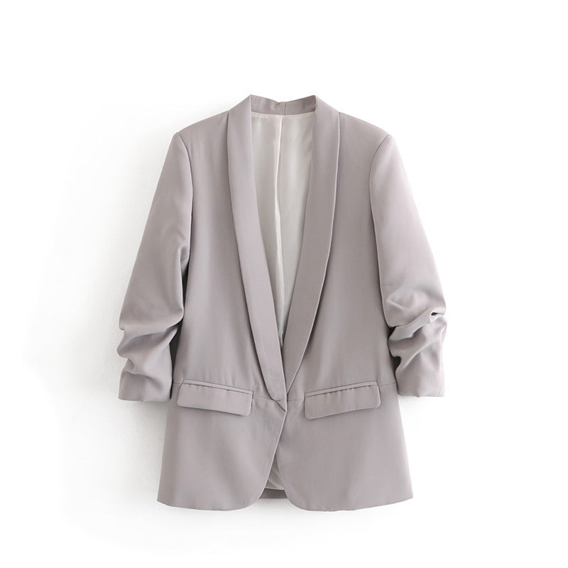 Buttonless pleated sleeve blazer