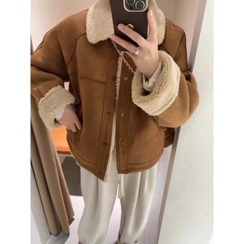 Warm Thick Fur Integrated Loose Short Lamb Wool Coat For Women