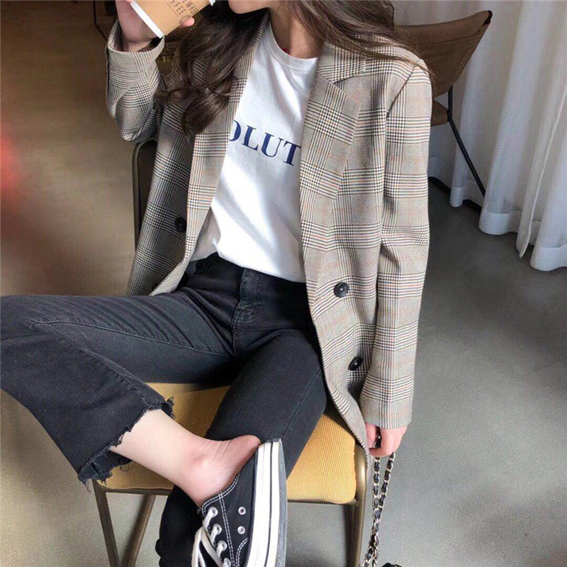 Office Style Collar Plaid Blazer For Women