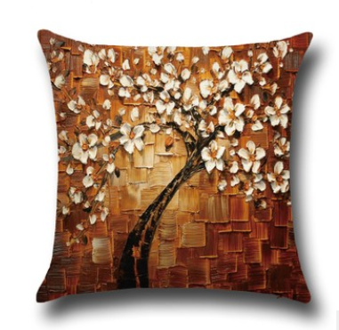 Three-dimensional Oil Painting Trees Flowers Cotton Cushion Cushion Pillowcase Car Waist Cushion Cover