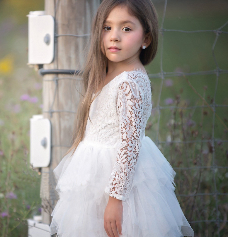 Autumn And Winter Explosions Hollow Children's Skirt Lace Long-sleeved Girls White Princess Dress Irregular Dress