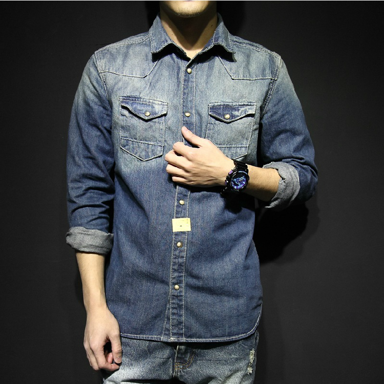 Washed Old Thickened Slim Fitting Denim Shirt