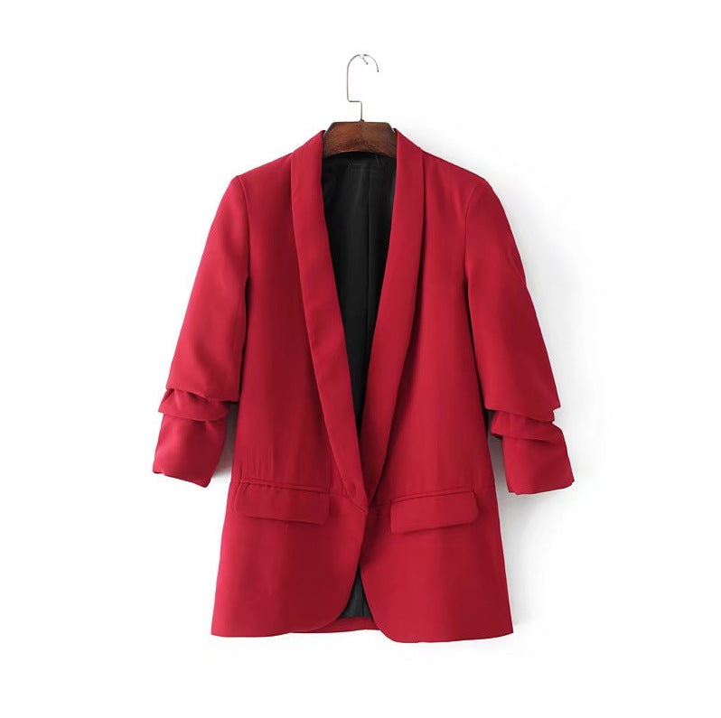 Buttonless pleated sleeve blazer