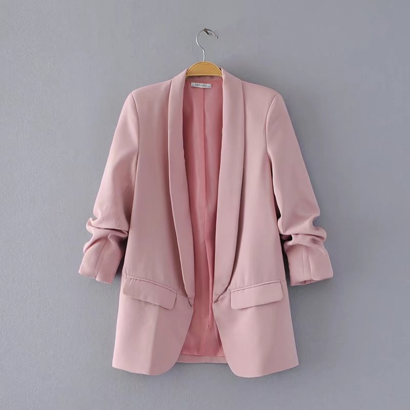 Buttonless pleated sleeve blazer