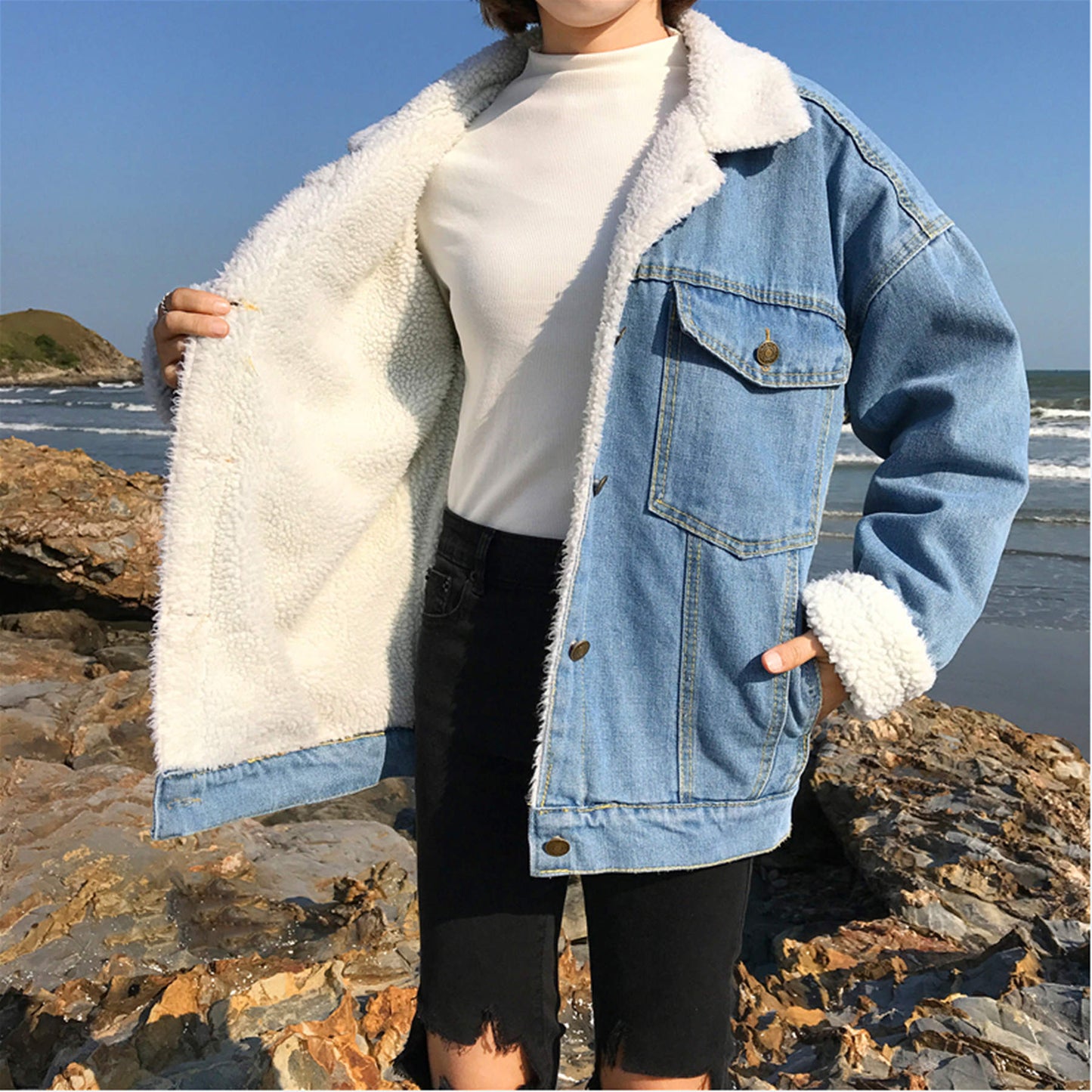 Casual Thick Warm Blue Student Style fashion jacket for women