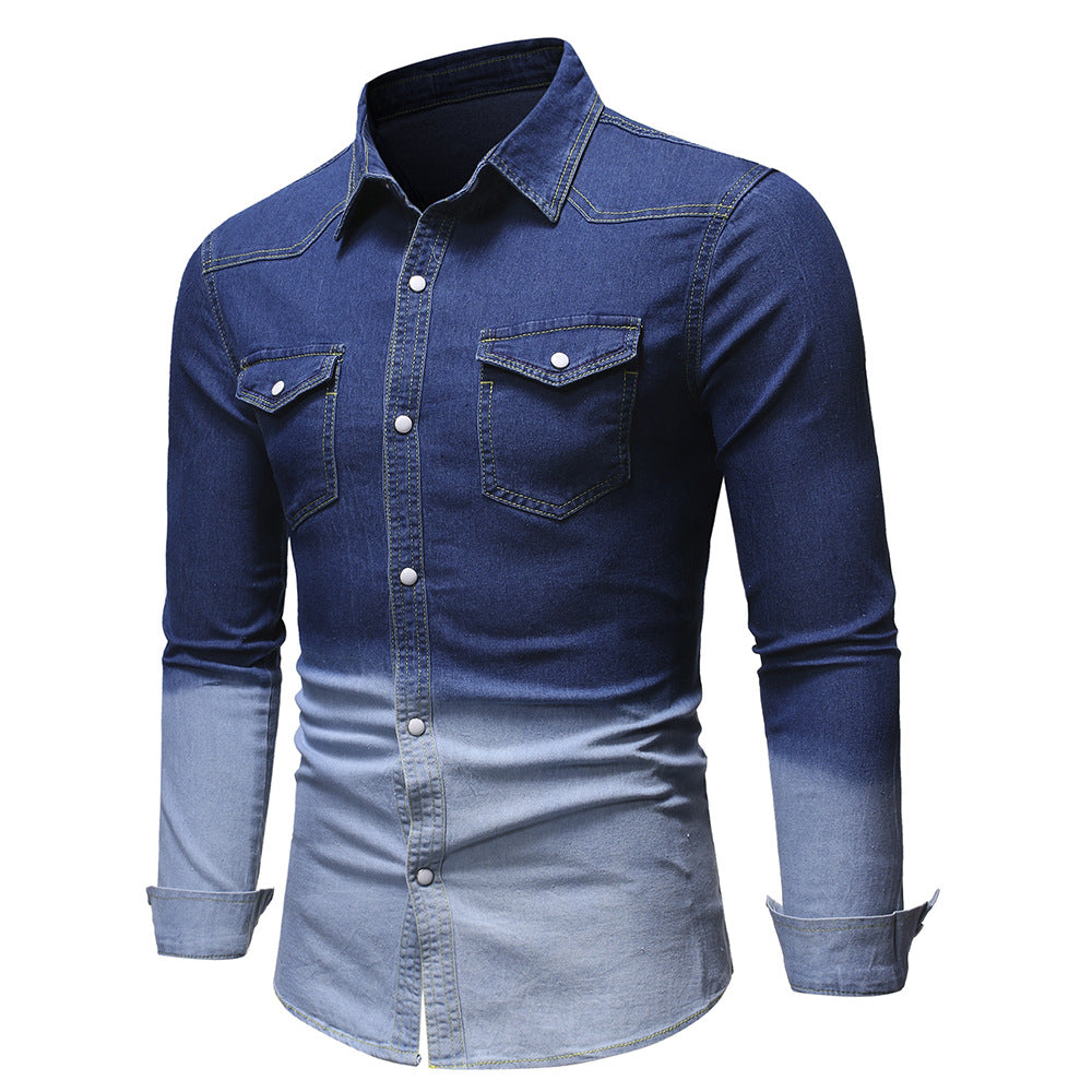 Men's New Denim Long Sleeved Shirt Gradient Denim Clothes