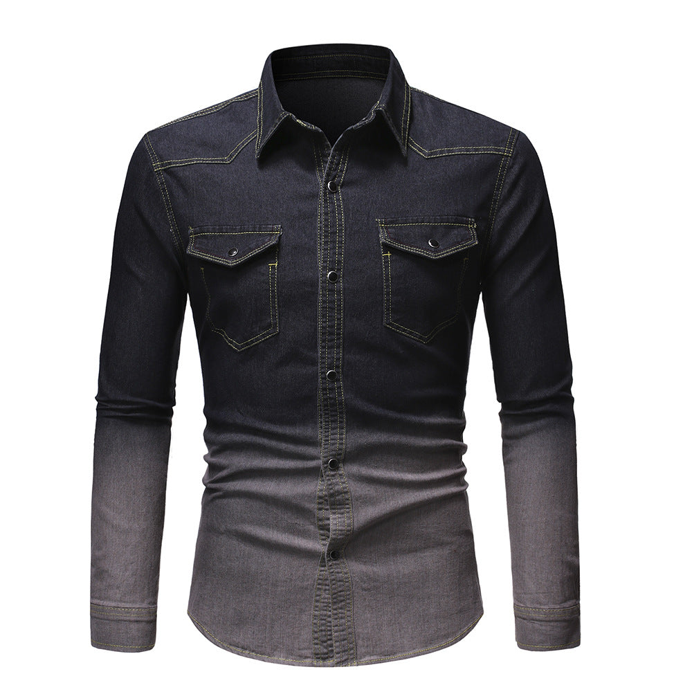 Men's New Denim Long Sleeved Shirt Gradient Denim Clothes