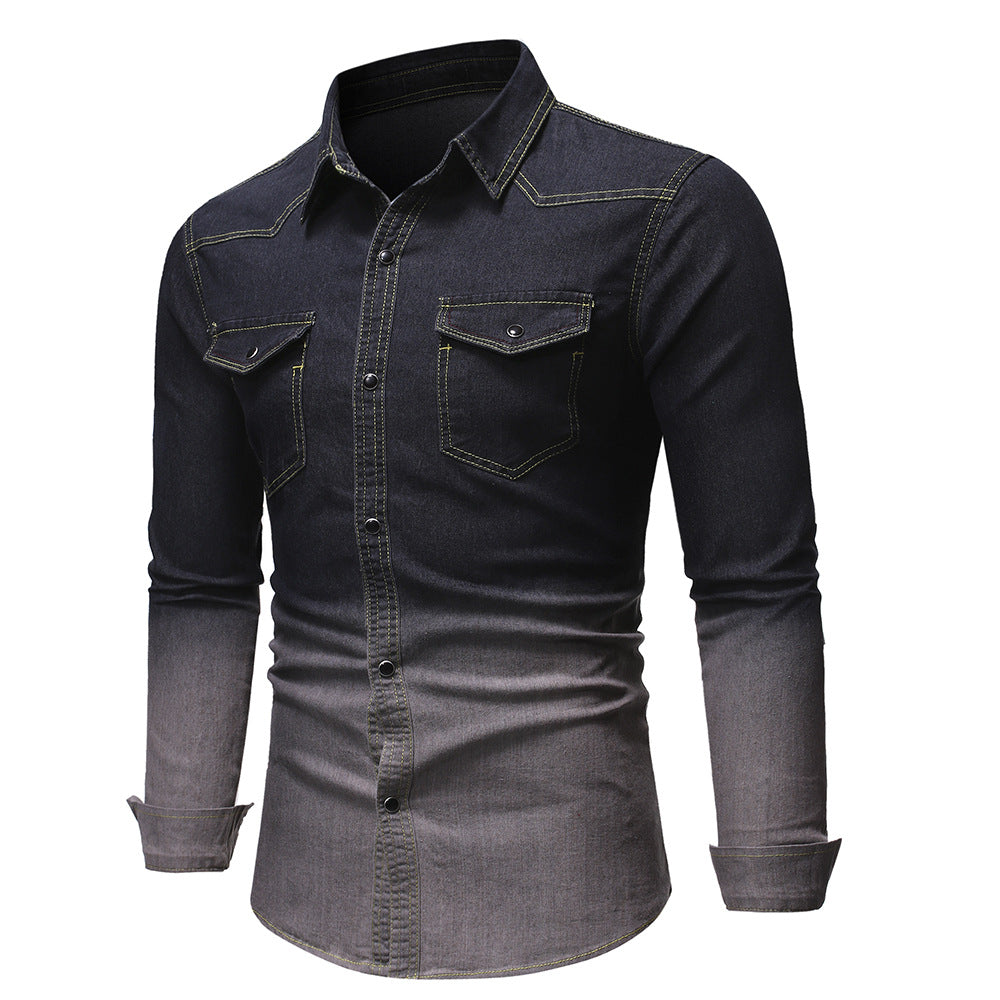 Men's New Denim Long Sleeved Shirt Gradient Denim Clothes