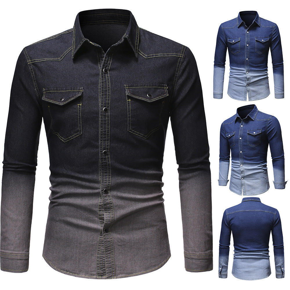 Men's New Denim Long Sleeved Shirt Gradient Denim Clothes