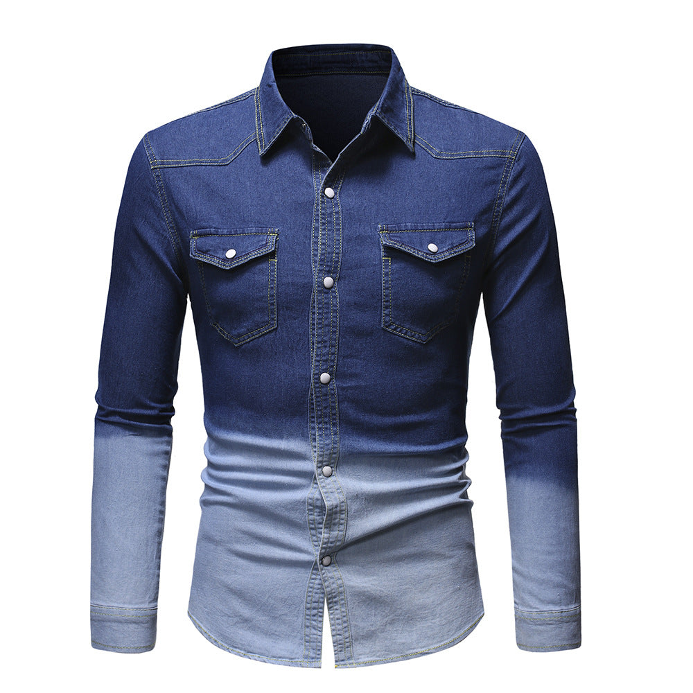 Men's New Denim Long Sleeved Shirt Gradient Denim Clothes