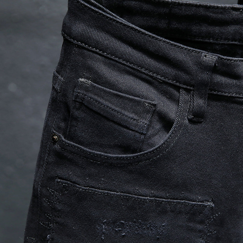 Pure Black Ripped Stretch Jeans For Men