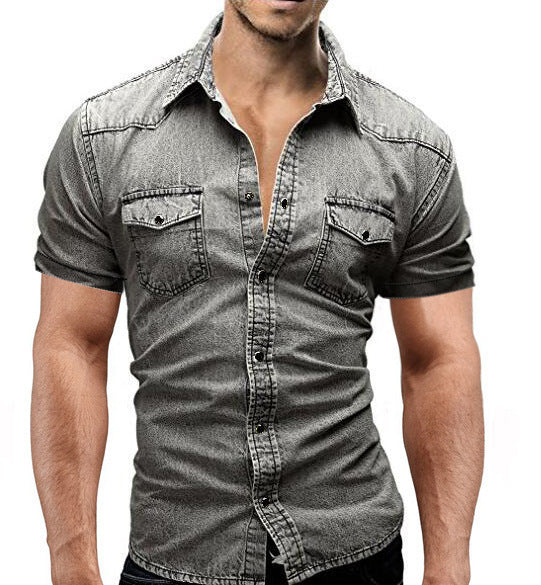 Men Denim Short-sleeved Slim Shirt Shirt