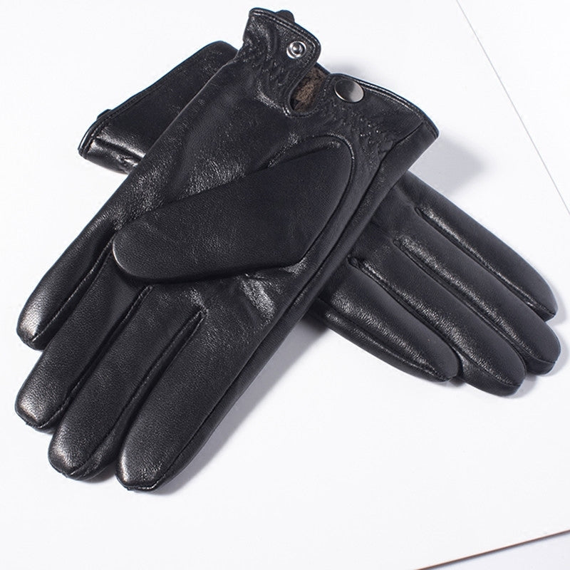 Leather Gloves Men Winter Warmth Thickened Plus Velvet Touch Screen Sheepskin Button Gloves Men