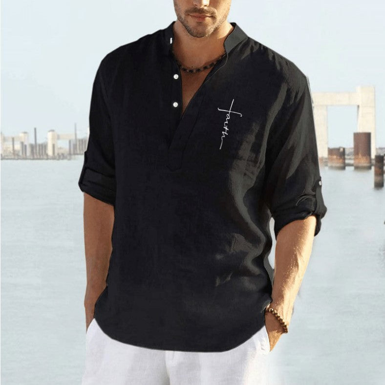 New Casual Cotton And Linen Embroidery Solid Color Long Sleeved Shirt For Men