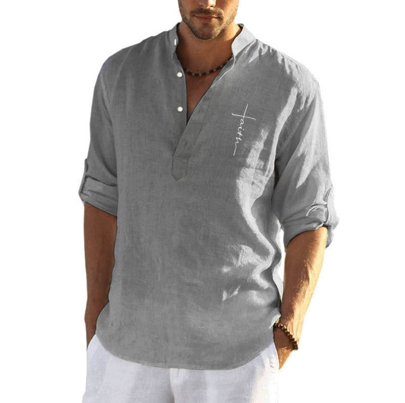 New Casual Cotton And Linen Embroidery Solid Color Long Sleeved Shirt For Men