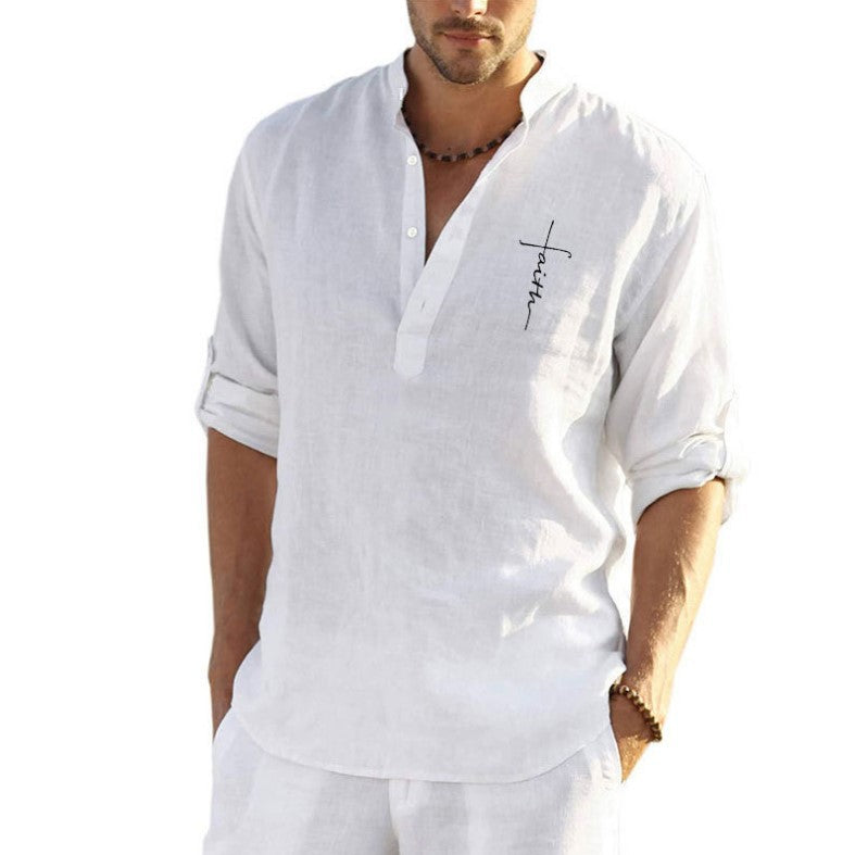 New Casual Cotton And Linen Embroidery Solid Color Long Sleeved Shirt For Men