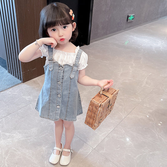 Summer Girls Suspenders Denim Skirt Suit