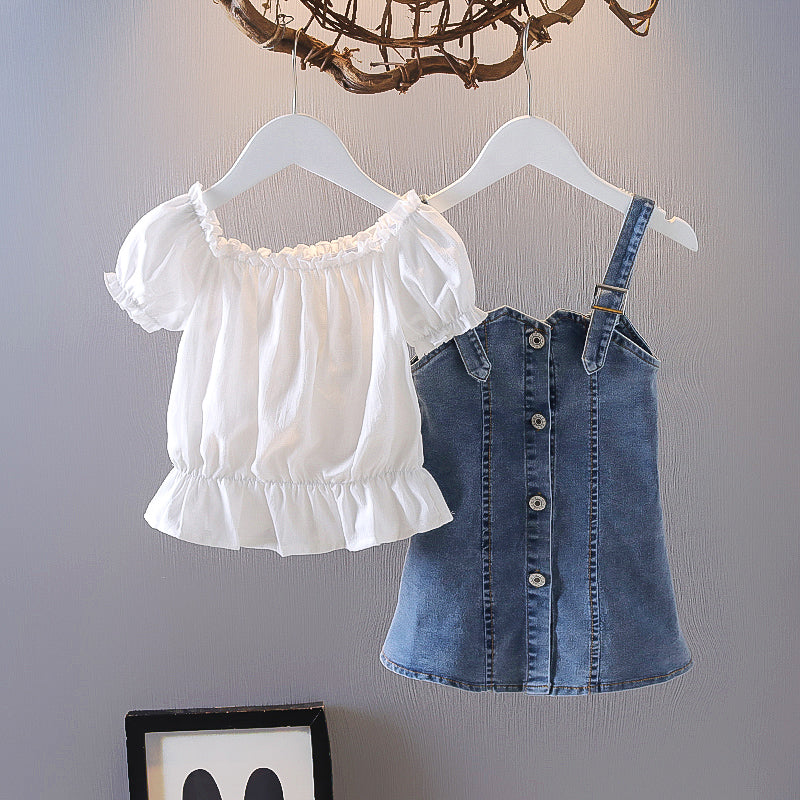 Summer Girls Suspenders Denim Skirt Suit