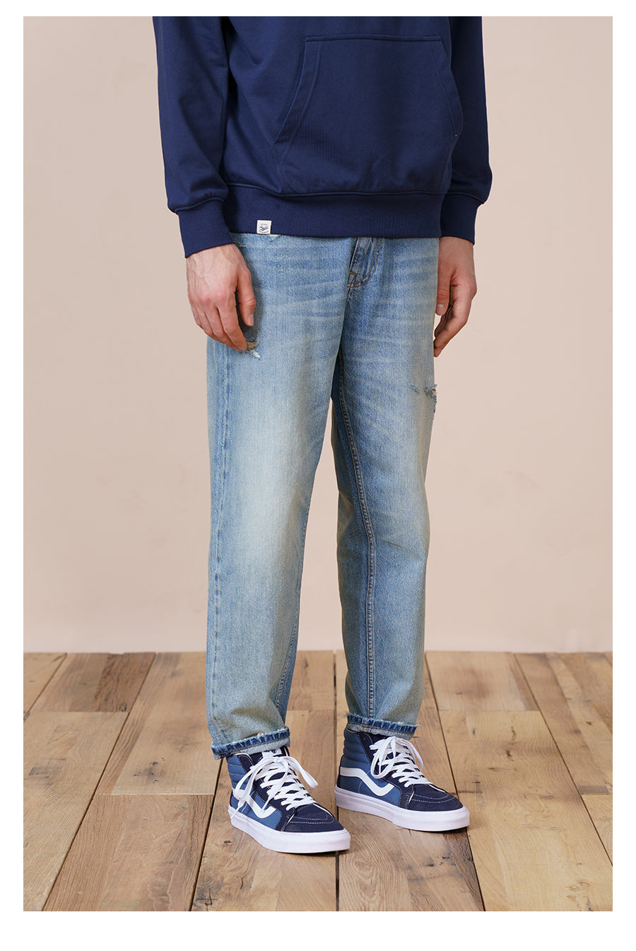 Washed Micro-elastic Frayed Cropped Jeans For Men