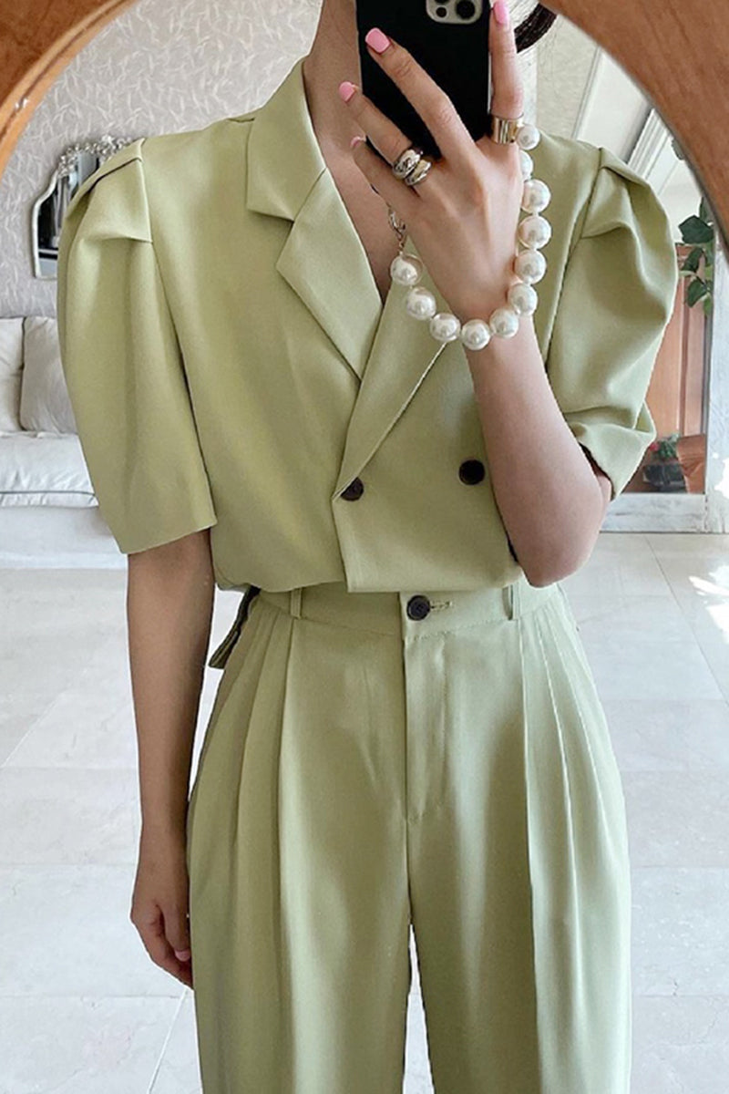 Simple Lapel Double-breasted Puff Sleeve Blazer For Women