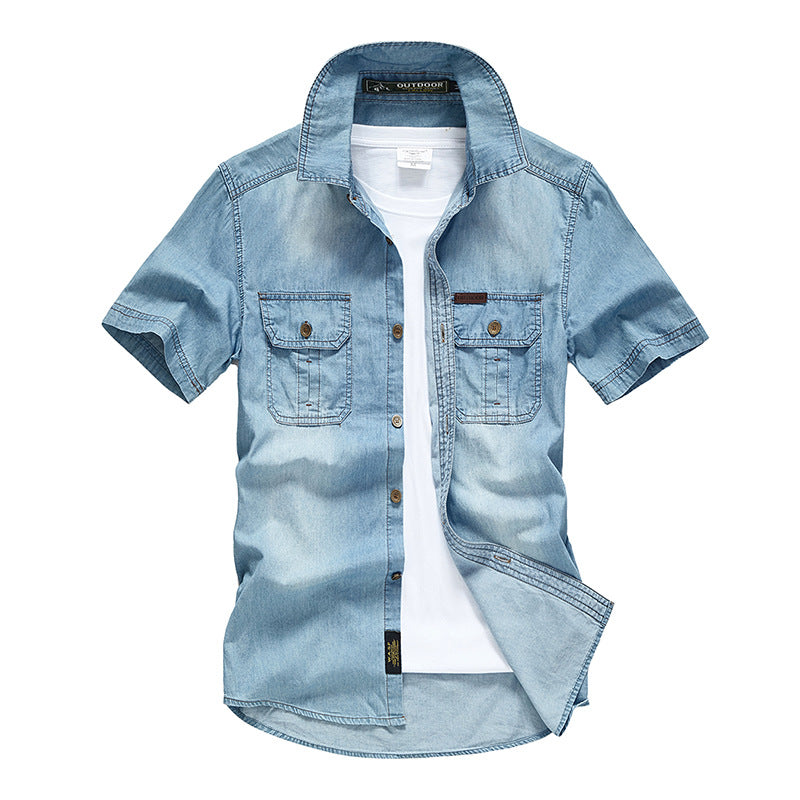 Summer Men's Tooling Short-sleeved Shirt Denim Shirt