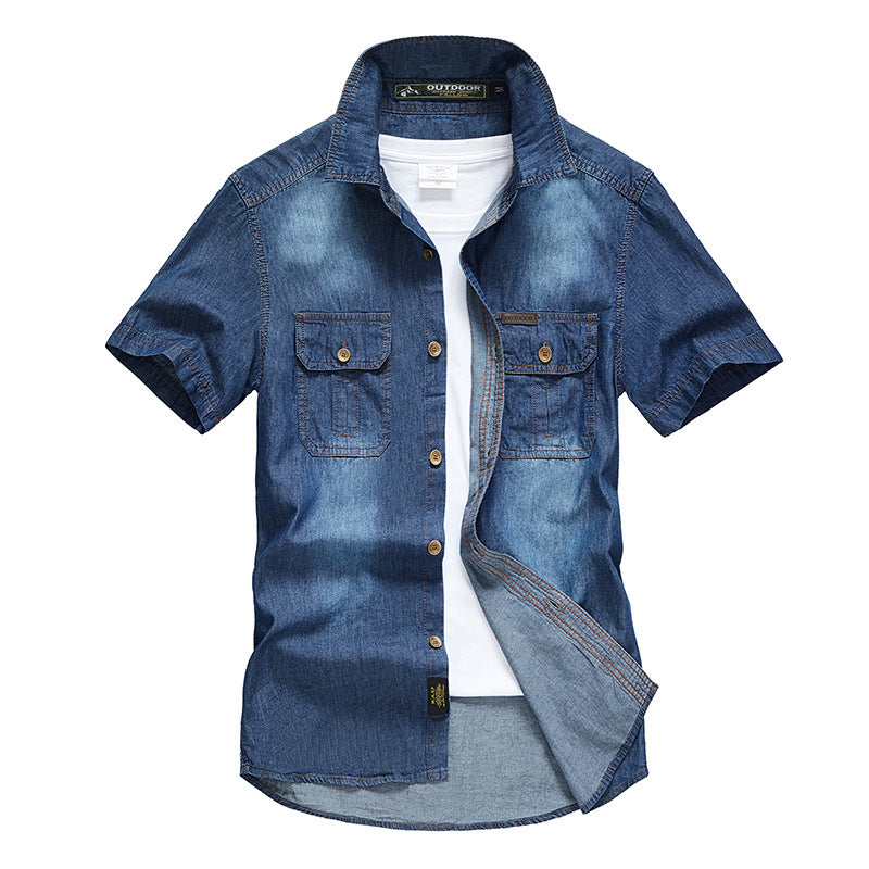 Summer Men's Tooling Short-sleeved Shirt Denim Shirt