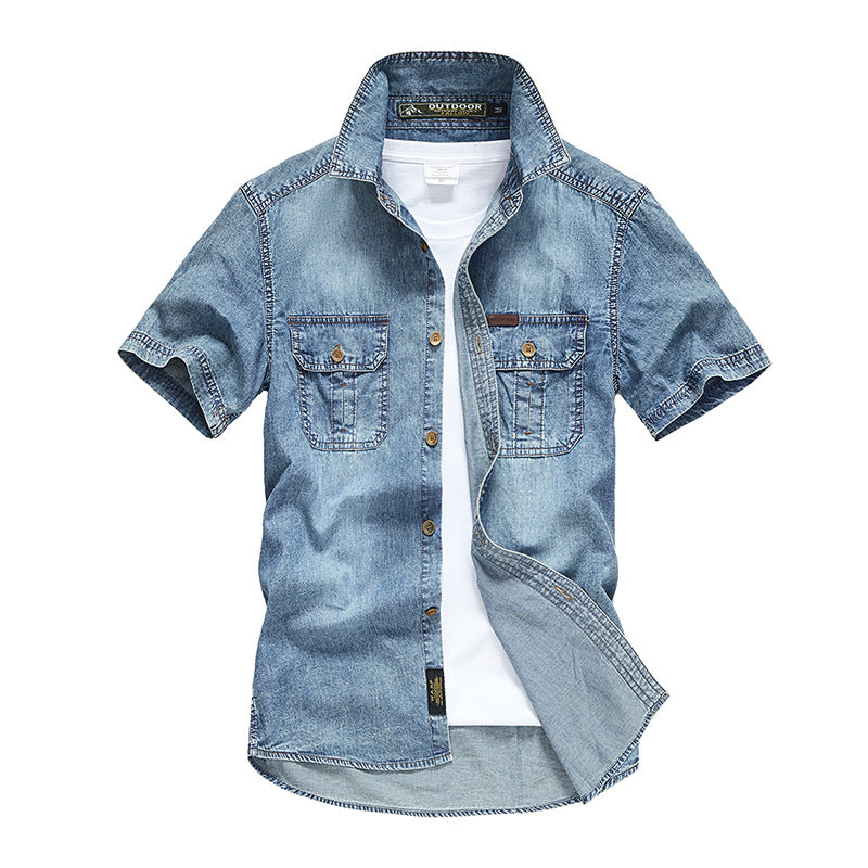 Summer Men's Tooling Short-sleeved Shirt Denim Shirt