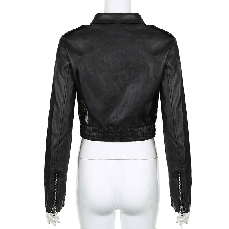 Hong Kong Style Lapel Long-sleeved Leather Jacket for girls