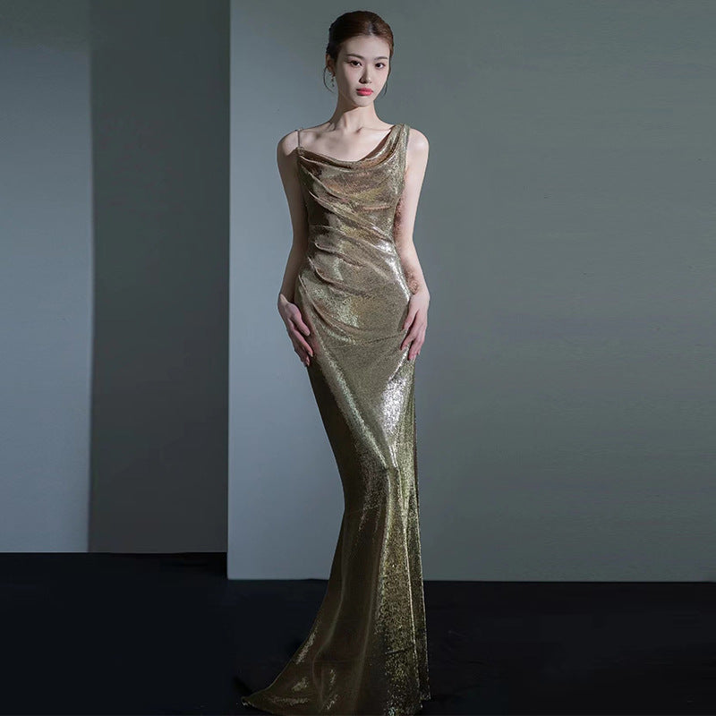 Fishtail Evening  Elegant Sequins Annual Meeting Sexy Backless dress for women