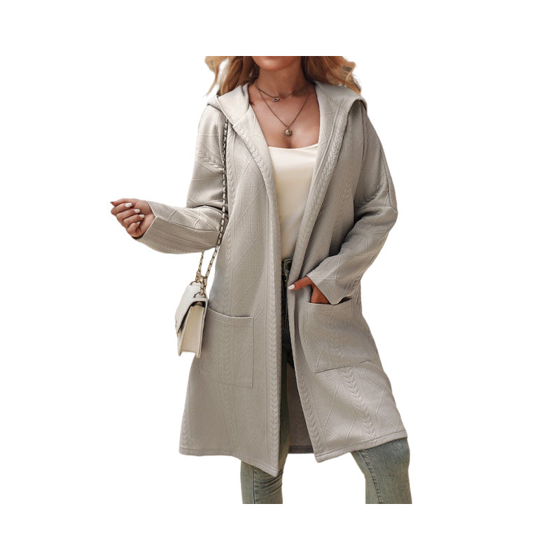 Loose Hooded Mid-length Textured Coat for women