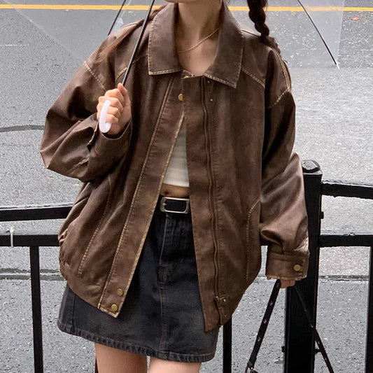 Retro Brushed Vintage Brown Leather Coat For Women