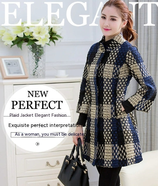 Woolen New Slim-fit Mid-length 34 Sleeve Stand Collar Thick Flower Woolen Coat for women