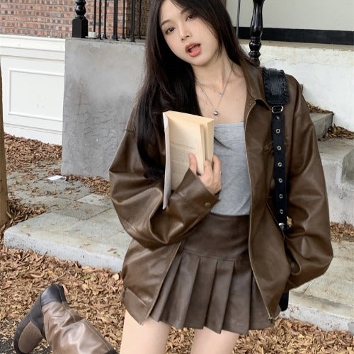 Retro Coffee Color Short Leather Jacket