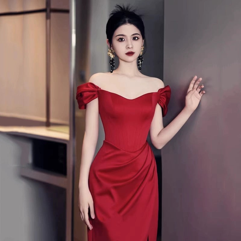 Fashion Bride Wine Red Engagement Wedding Back-to-door Casual Dress for women