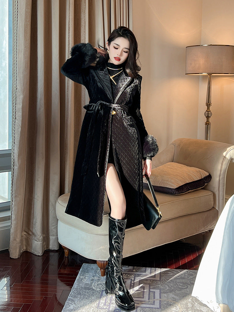 Black Mid-length Coat Velvet foe women