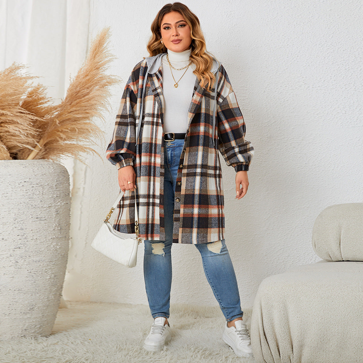 Autumn And Winter Plus-sized Plaid Hooded Mid-length Coat for women