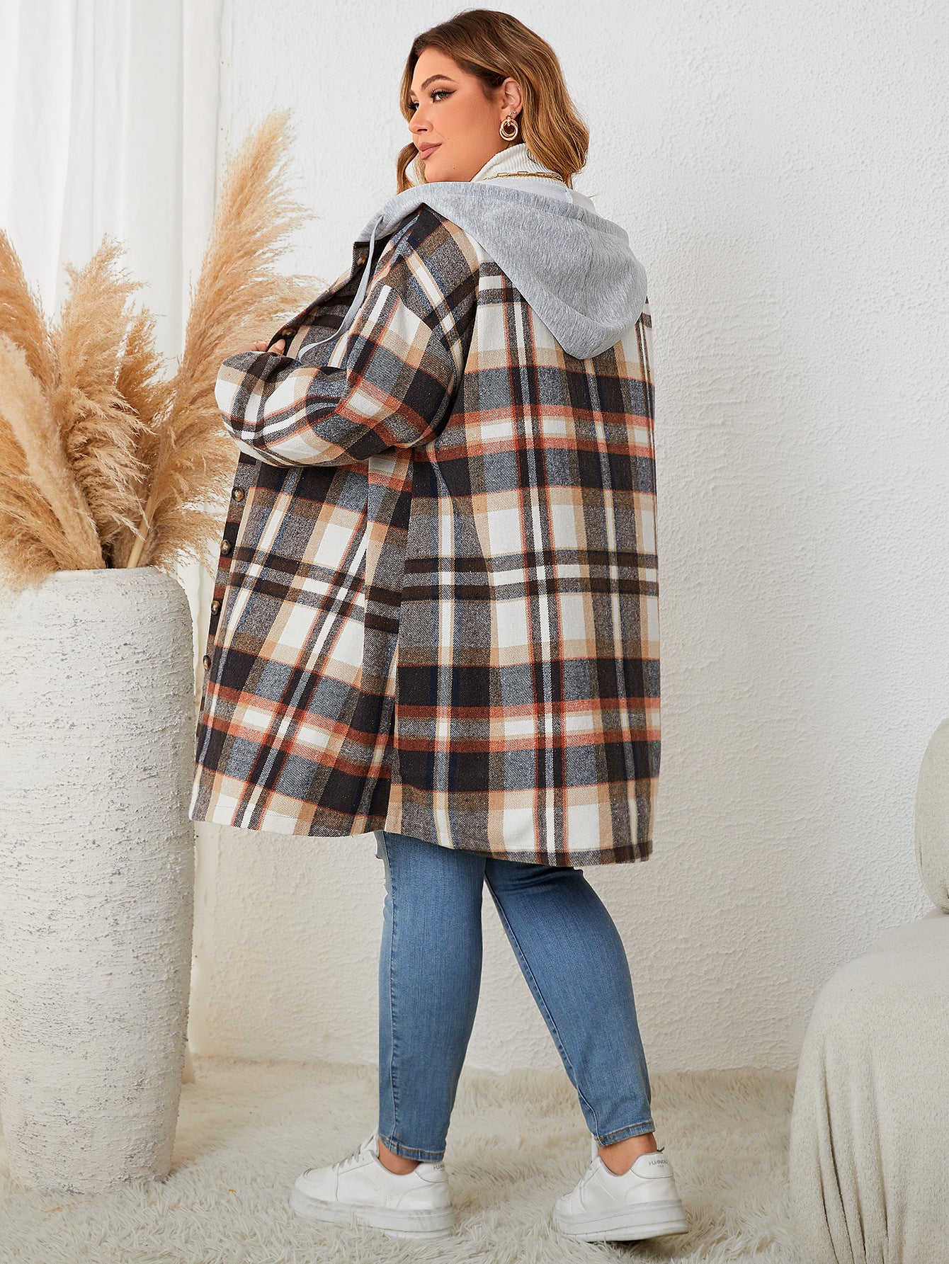 Autumn And Winter Plus-sized Plaid Hooded Mid-length Coat for women