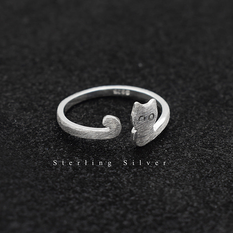 S925 Sterling Silver Brushed Cat Simple Graceful Ornament Ring